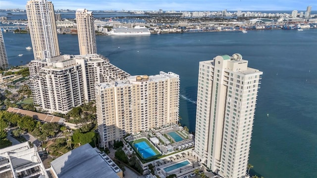 drone / aerial view with a water view