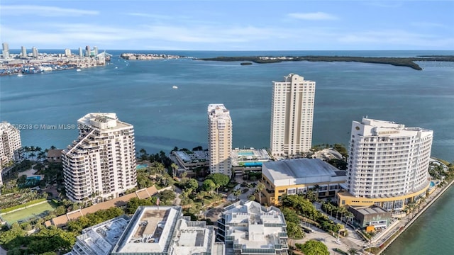 drone / aerial view with a view of city and a water view