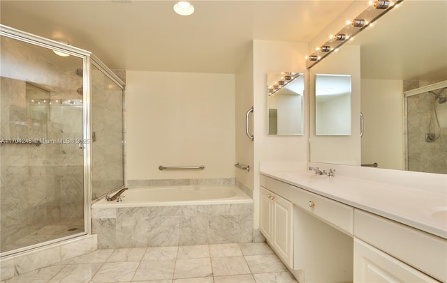 full bath featuring double vanity, a garden tub, a shower stall, and a sink