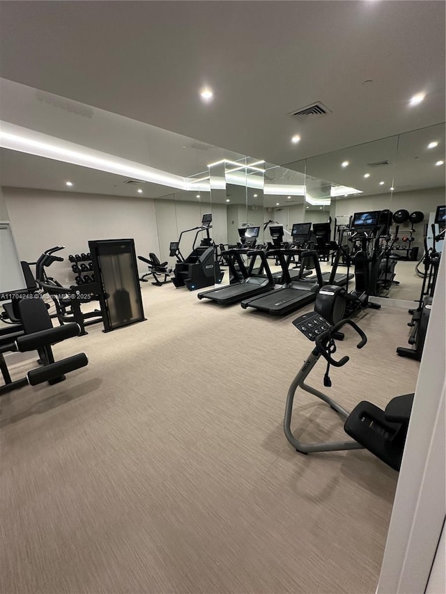 workout area featuring light carpet