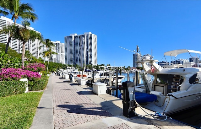 surrounding community with a water view, a city view, and a boat dock