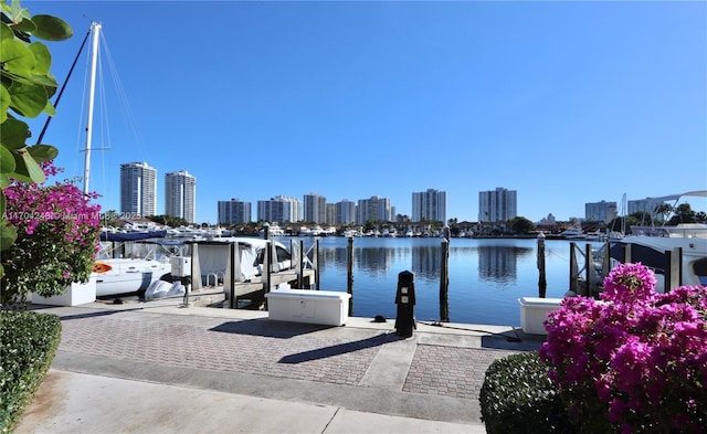 dock area with a view of city and a water view