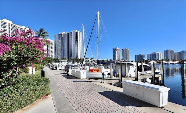 view of property's community with a view of city, a water view, and a boat dock