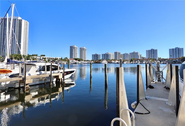 view of dock with a view of city and a water view