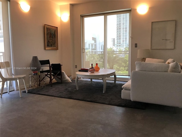 living room featuring a healthy amount of sunlight and concrete floors