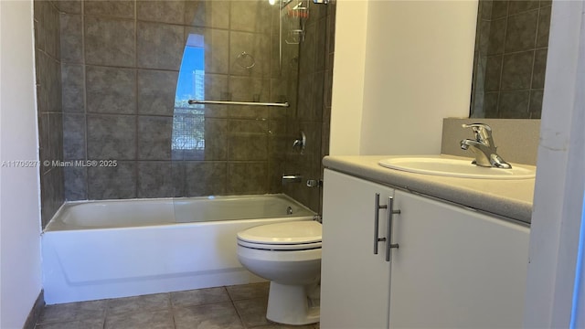 full bath with tile patterned flooring, vanity, toilet, and shower / bath combination