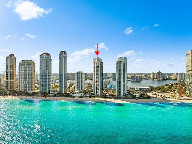 view of pool featuring a water view and a beach view