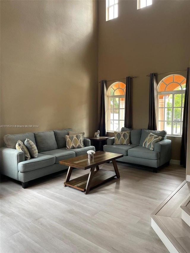 living room featuring a high ceiling and light hardwood / wood-style flooring