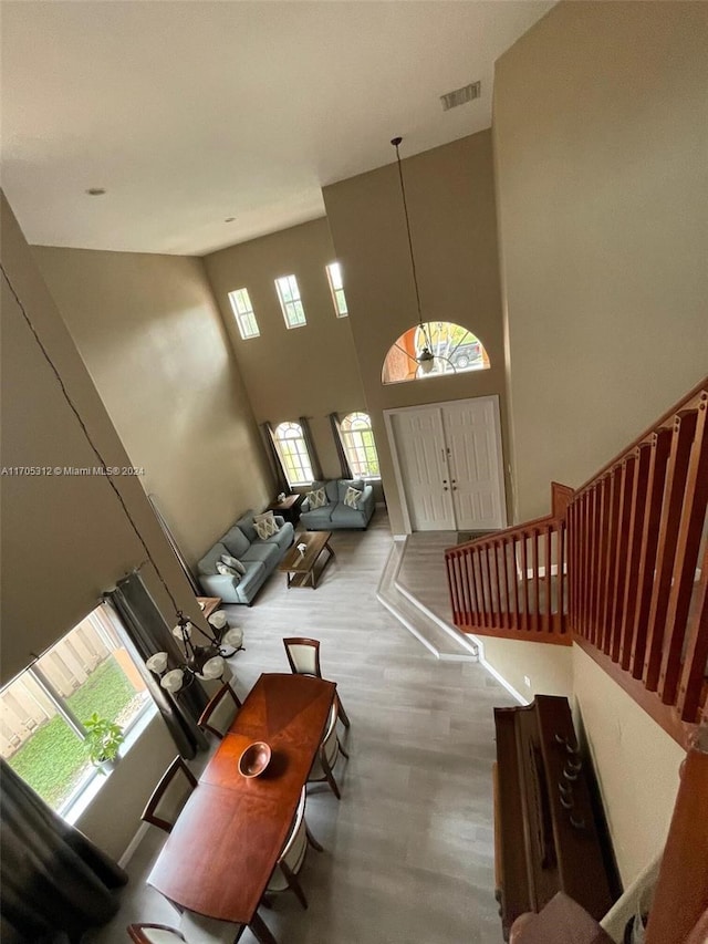 interior space featuring a high ceiling, hardwood / wood-style flooring, and a healthy amount of sunlight