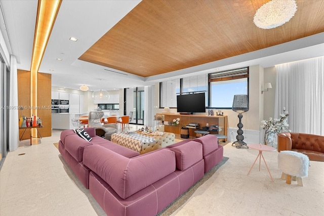 living room with wood ceiling