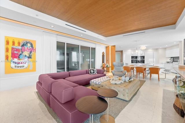 living room featuring wooden ceiling