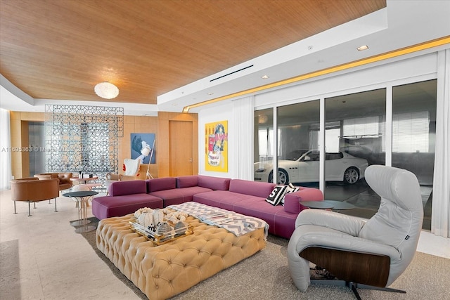 living room featuring wooden ceiling