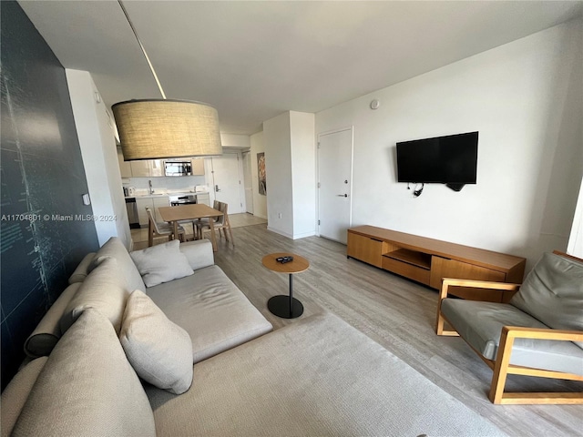 living room with light hardwood / wood-style flooring and sink