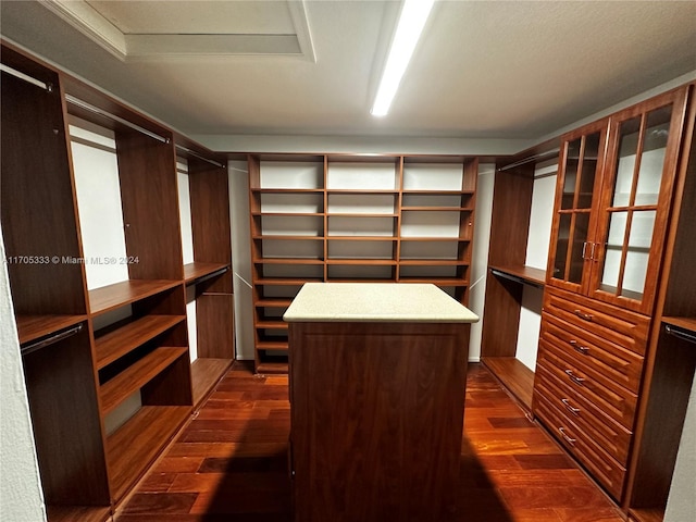 walk in closet with dark wood-type flooring