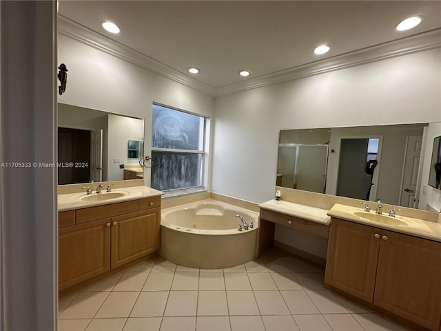 bathroom featuring separate shower and tub, crown molding, tile patterned flooring, and vanity