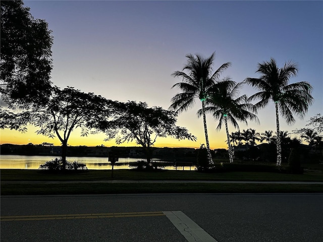 view of street with a water view