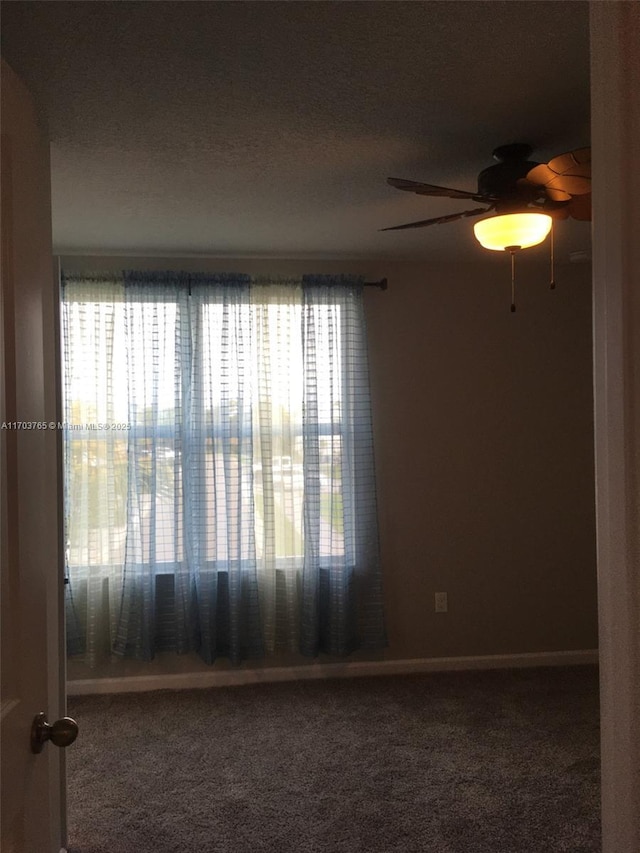 unfurnished room with plenty of natural light, a textured ceiling, carpet, and a ceiling fan