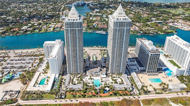 aerial view featuring a water view