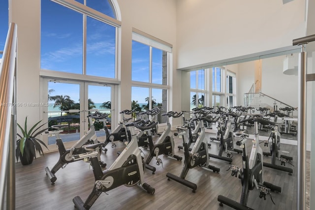 workout area featuring hardwood / wood-style floors and a towering ceiling