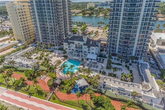 bird's eye view with a water view