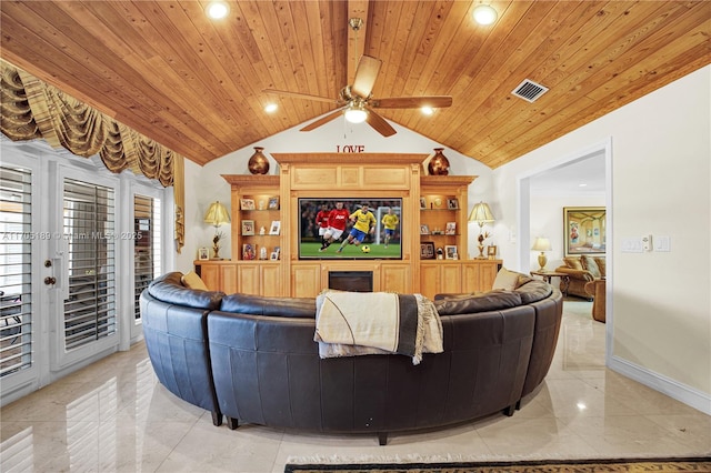 7720 SW 183rd Ter, Palmetto Bay, FL 33157 - living room with wood ceiling, ceiling fan, and vaulted ceiling