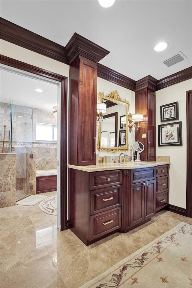 bathroom with vanity, separate shower and tub, and crown molding