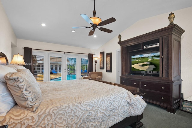 7720 SW 183rd Ter, Palmetto Bay, FL 33157 - carpeted bedroom with vaulted ceiling, access to exterior, ceiling fan, and french doors