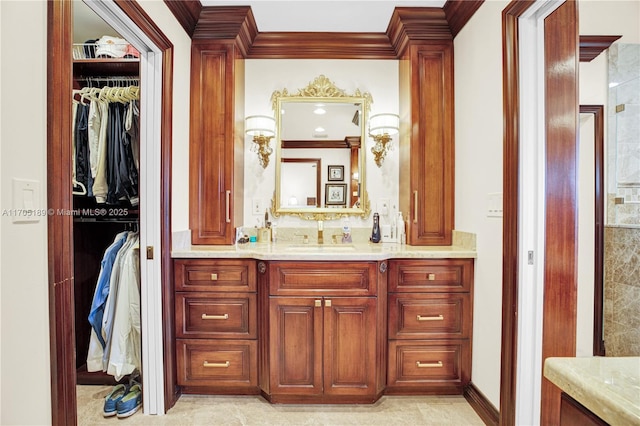 7720 SW 183rd Ter, Palmetto Bay, FL 33157 - bathroom with vanity, ornamental molding, and walk in shower