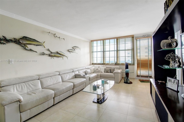 living room featuring light tile patterned floors and ornamental molding