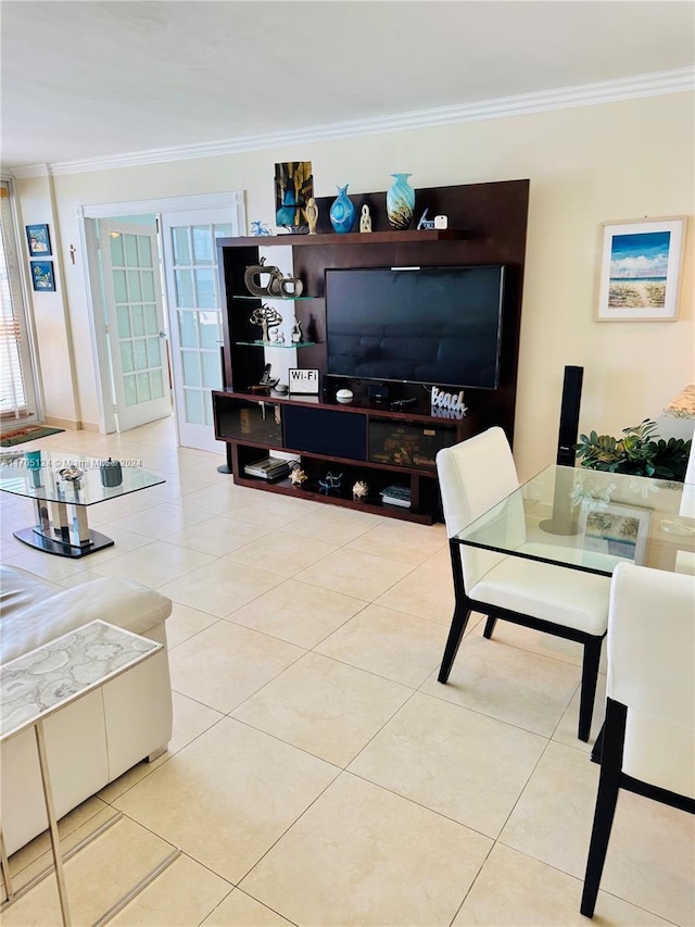 tiled living room with crown molding