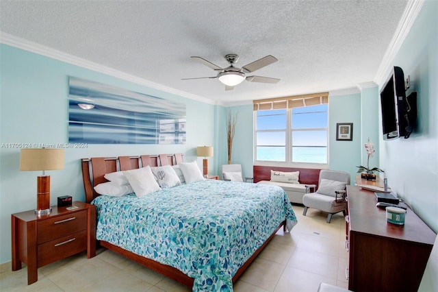 bedroom featuring ornamental molding, a textured ceiling, and ceiling fan