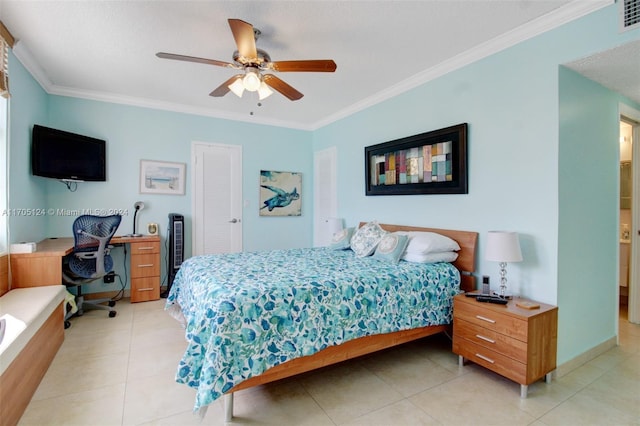 bedroom featuring crown molding, ceiling fan, and light tile patterned flooring