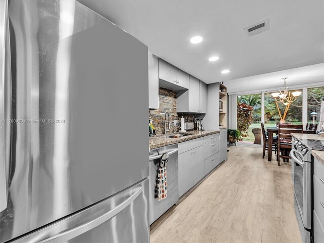 kitchen with pendant lighting, sink, decorative backsplash, light wood-type flooring, and appliances with stainless steel finishes