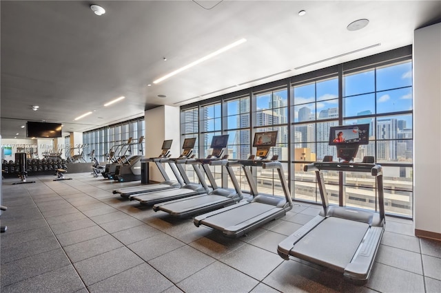 workout area with a wall of windows