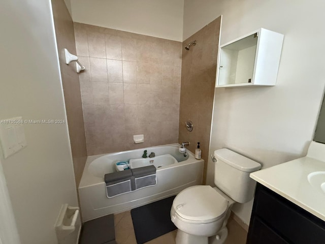 full bathroom with vanity, tiled shower / bath combo, and toilet