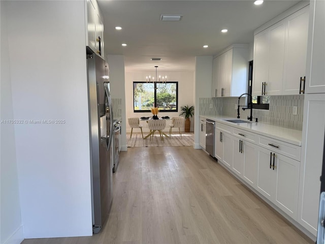 kitchen featuring sink, white cabinetry, stainless steel appliances, light hardwood / wood-style floors, and backsplash