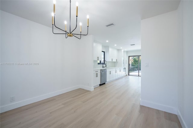 unfurnished dining area with sink and light wood-type flooring