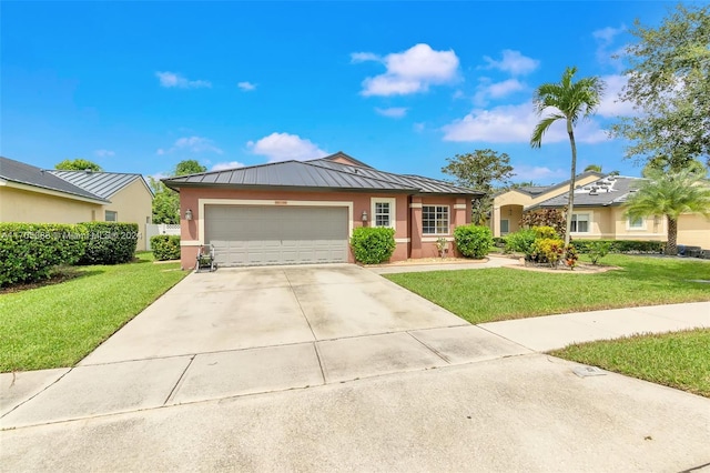 single story home featuring a garage and a front lawn