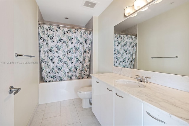 full bathroom with vanity, shower / bath combination with curtain, and toilet