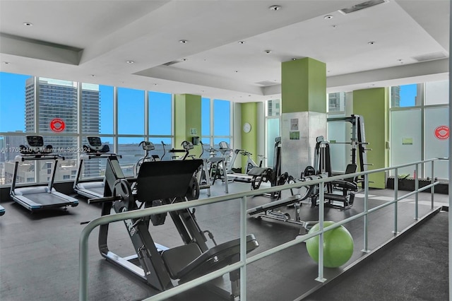 gym featuring floor to ceiling windows and a tray ceiling