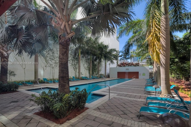 view of swimming pool featuring a patio area