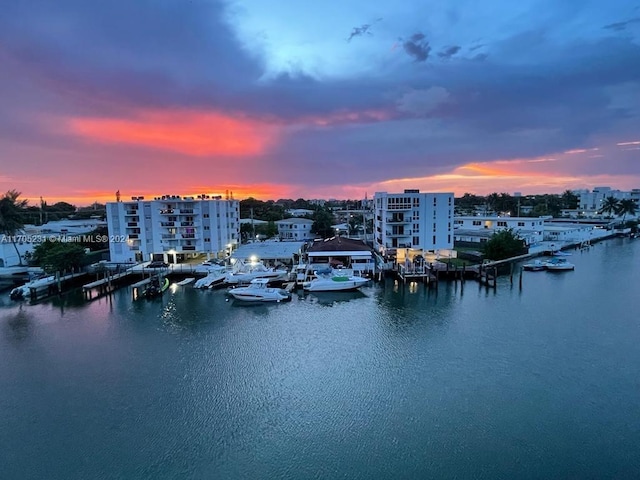 property view of water featuring a boat dock