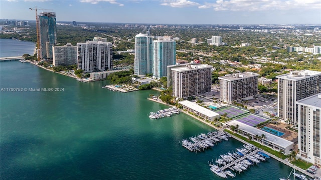 aerial view featuring a water view