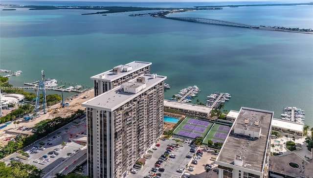 drone / aerial view featuring a water view