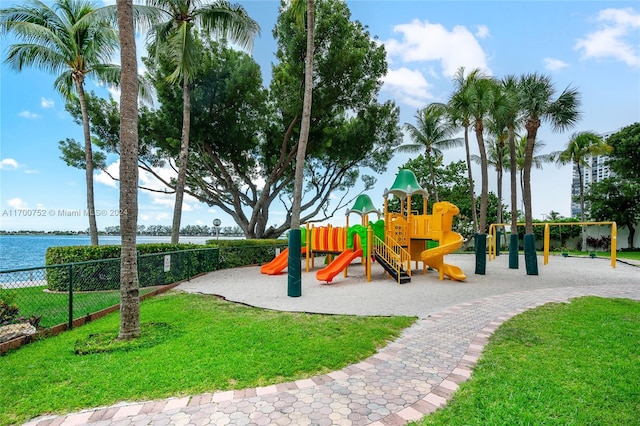 view of jungle gym with a water view