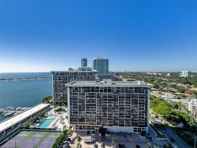 aerial view featuring a water view