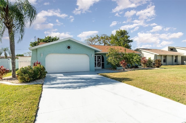 single story home featuring a front yard and a garage