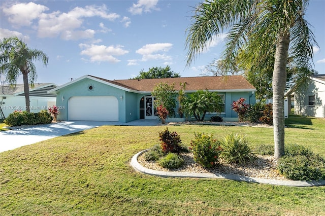 ranch-style house with a front yard and a garage