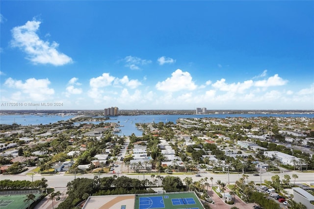 bird's eye view with a water view