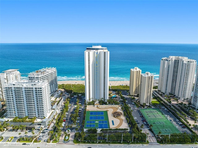 aerial view with a water view and a view of the beach